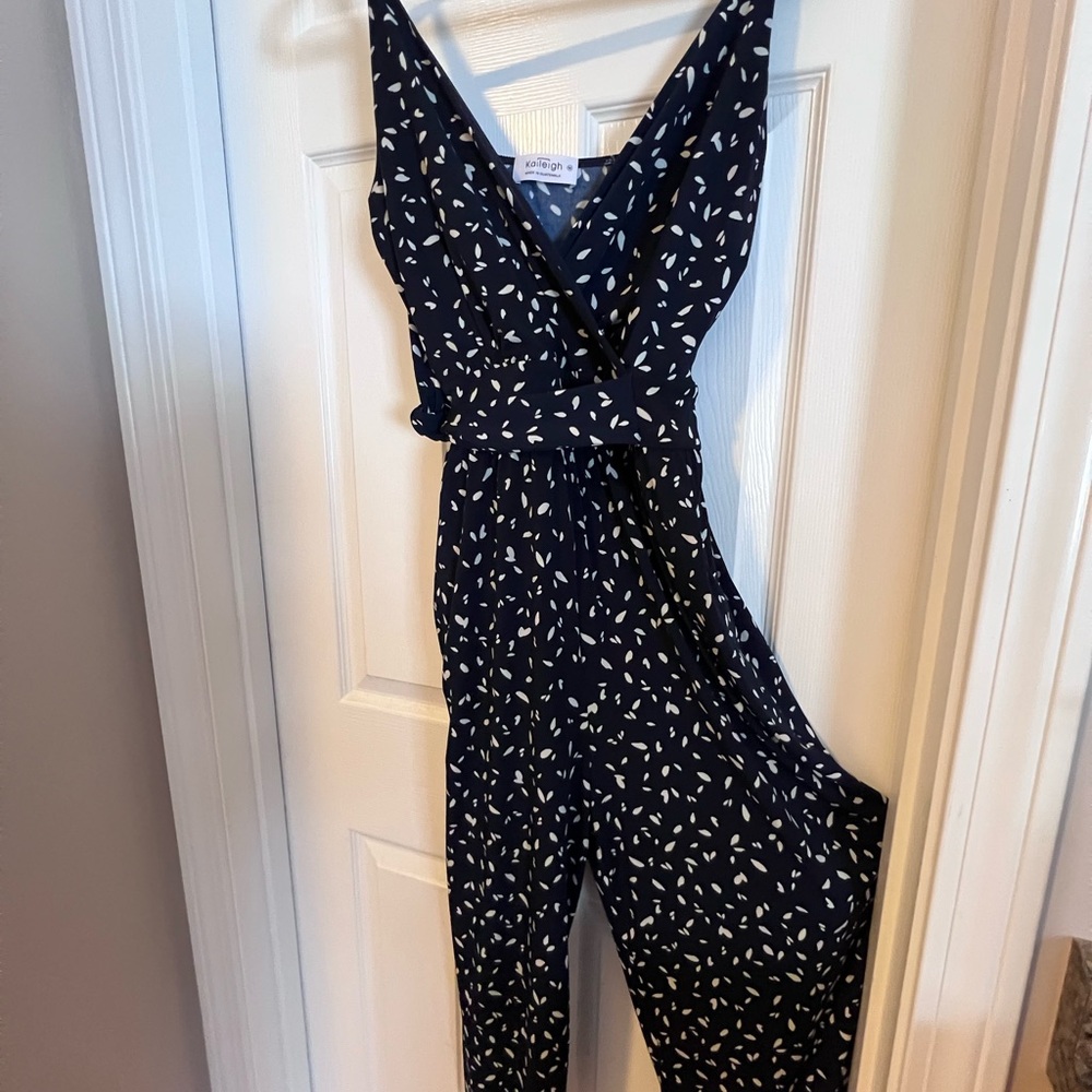 Kaileigh Dark Blue Leaf Print Jumpsuit